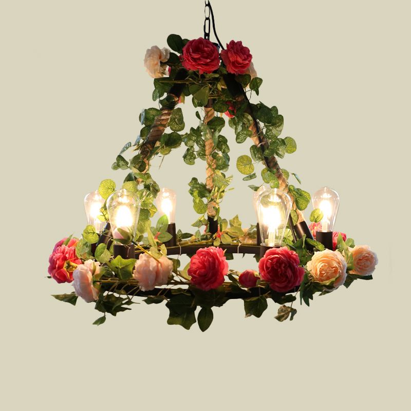 6 lumières Lumières Exposed Bulbe Chandelier Loft Loft Style Black Metal Pendant Light avec anneau et déco de pétale artificiel