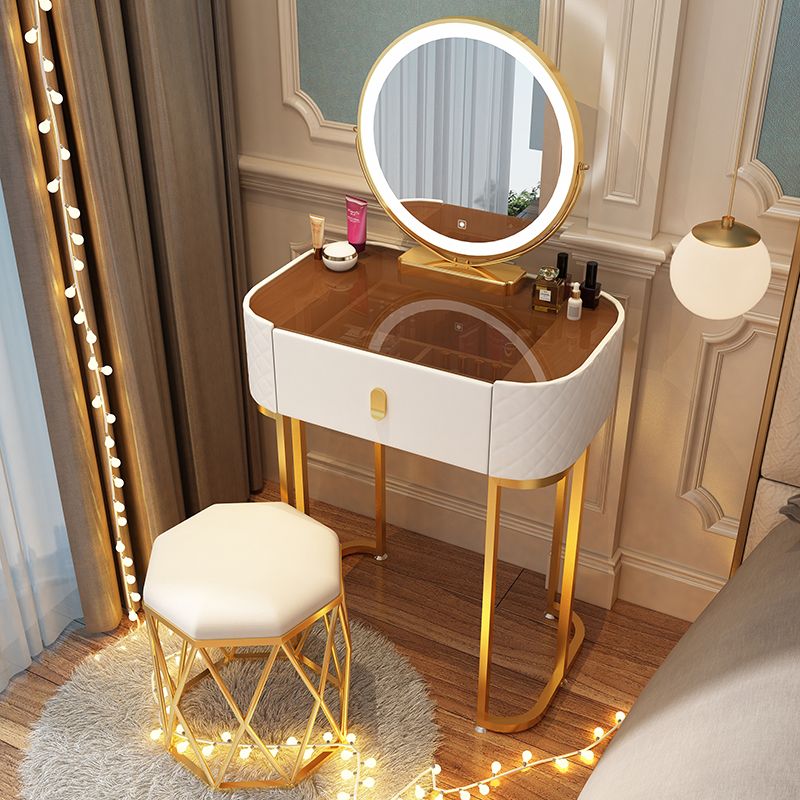 Glass Top Makeup Vanity Desk Bedroom Dressing Table Stool Set with Drawer
