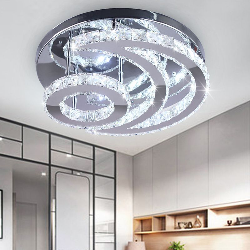 Lámpara de techo Crescent and Sun, moderna lámpara de techo de cristal biselado para dormitorio, montaje semiempotrado en plata