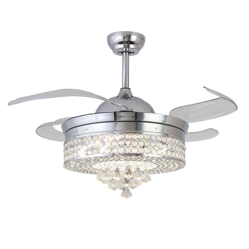 42 "W Chrom Round Hanging Lüfterlampe Minimalist abgeschrägtes Kristall -LED -Halbflush -Leuchte mit 4 Klingen