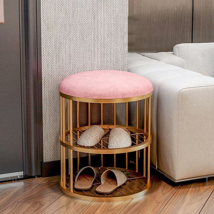 Industrial Cylinder Shape Ottoman Plain Velvet Metal Frame Shelved Storage Pouf