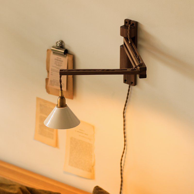 Retro Style Wood Wall Light Metal Shade Fold Wall Sconce for Living Room