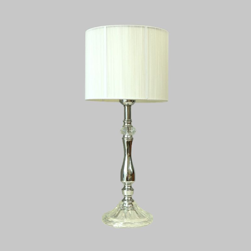 Lampada da Tavolo in Tessuto Bianco Cilindro 1 Luce Luce Notturna Semplice per Soggiorno con Base in Cristallo