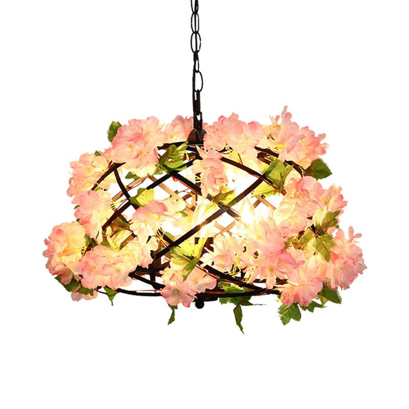 3 Bulbs Chandelier Light Industrial Bird Nest Metal LED Suspension Lamp in Pink with Cherry Blossom