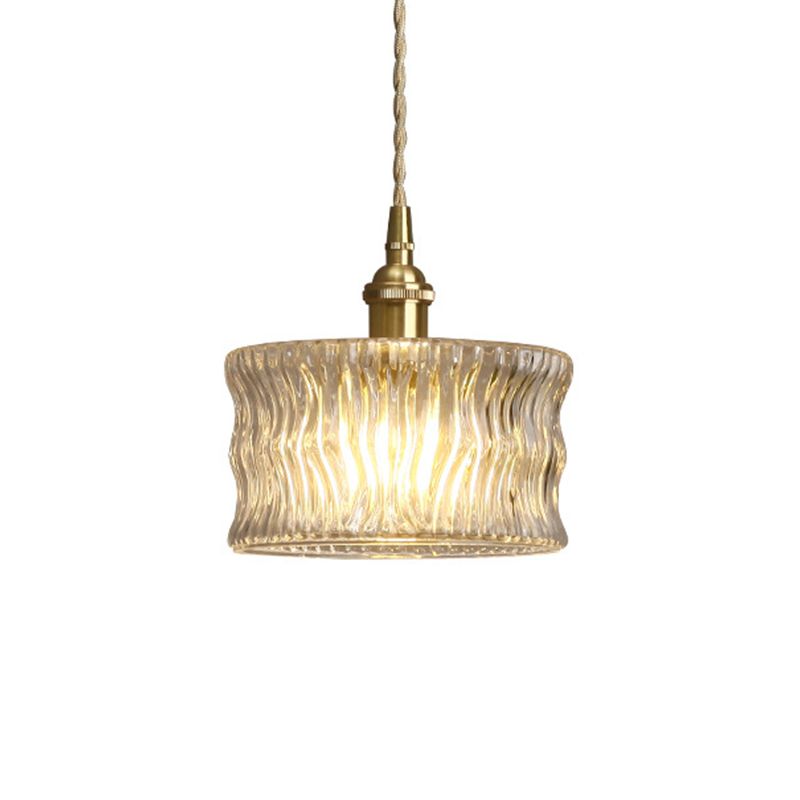 Cylindrical Sitting Room Pendant Lamp Antique Clear Ribbed Glass Single Gold Ceiling Light