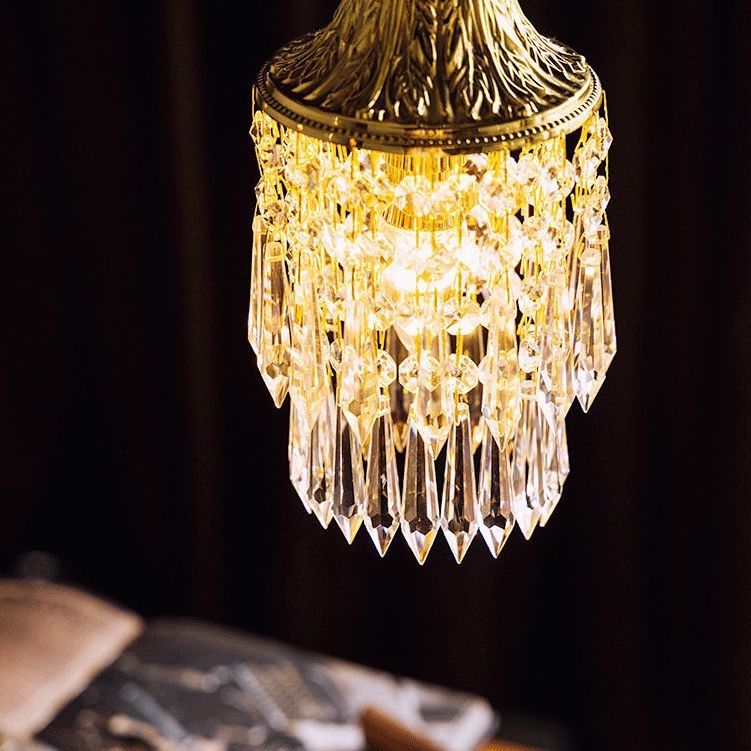 Vintage Wind Chime Crystal Pendant Lamp Golden Relief Crown Hanging Light for Bedroom