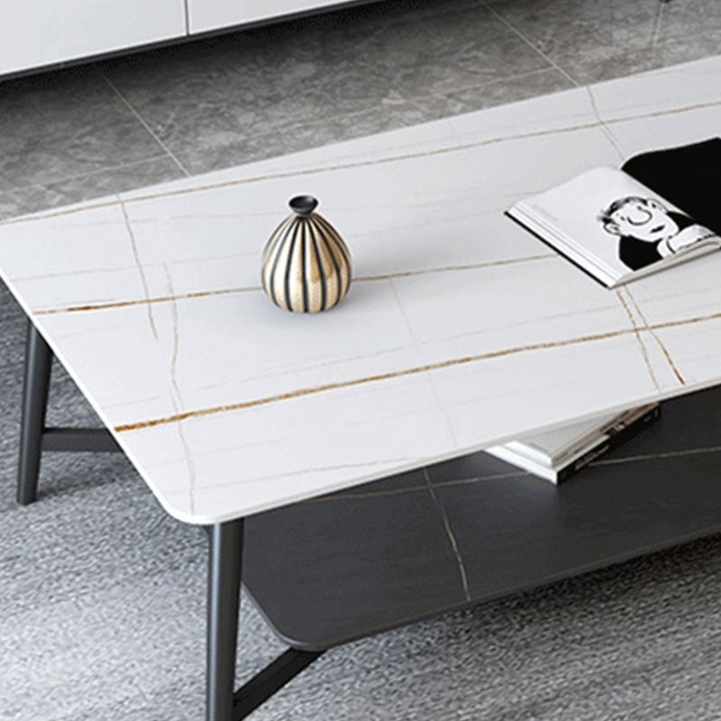 Modern Coffee Table with Storage Shelf and Black Metal Cross Base