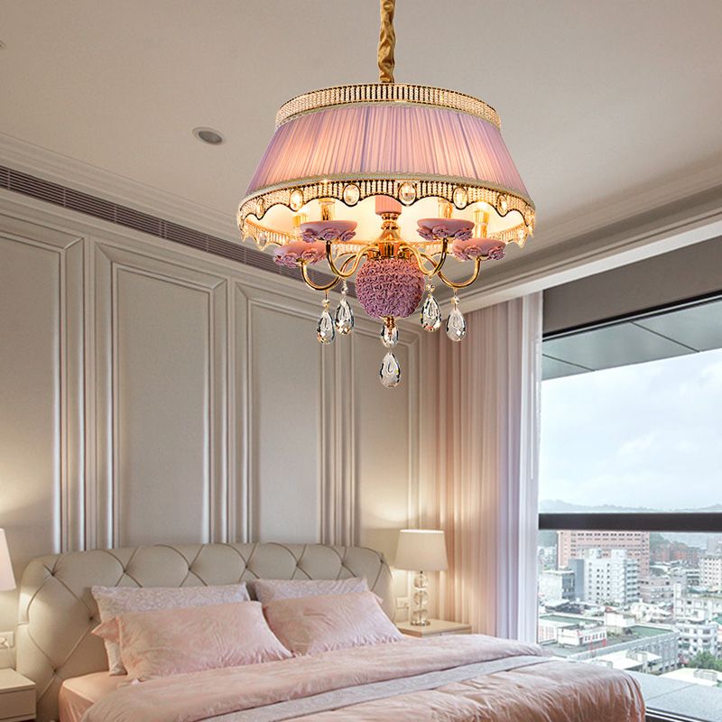 Fabric Scalloped Chandelier Lighting Modern 5 Heads Pink/Blue/Purple Hanging Ceiling Light with Crystal Drop