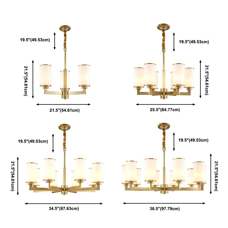 Traditional Brass Cylinder Chandelier Lamp Glass Shade Multi-light Hanging Light Fixtures