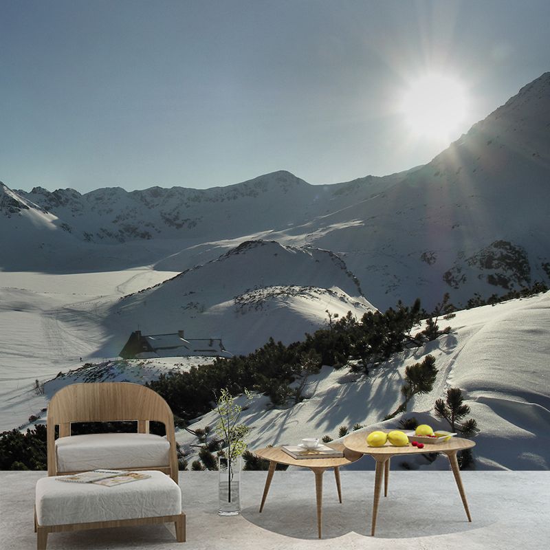 Large Modernist Wall Paper Murals Grey-White Sunrise in Snow Mountains Wall Art, Custom Made