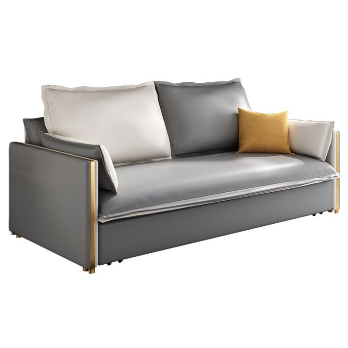 Modern Square Arm Sofa Bed Gray Faux Leather Sofa with Storage