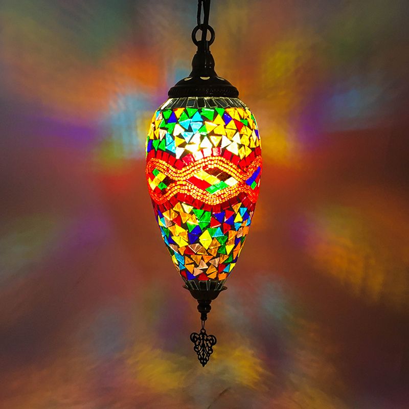 Traditional Urn Hanging Lamp Kit 1 Head Hand Cut Glass Pendant Lighting in Red/Yellow/Blue
