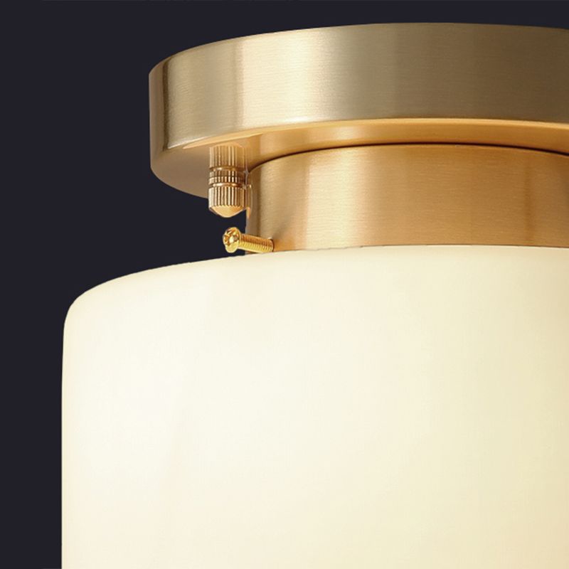 Minimalist Cylindrical Semi Flush Mount Lamp 1 Head Cream Glass Ceiling Light in Brass for Foyer