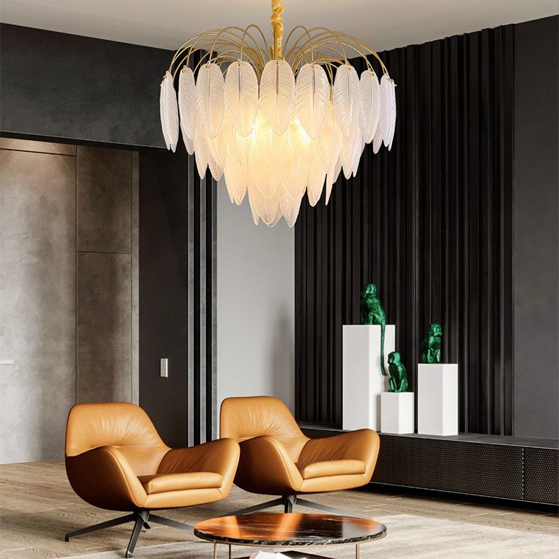 Feather Glass Ceiling Chandelier Modern Creative White Hanging Ceiling Light for Girl Bedroom