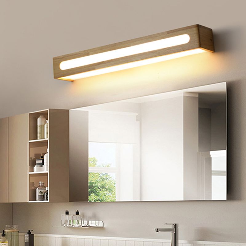 Square Shape Wood Wall Sconce Modern Style 1 Light Mirror Wall Mount Lighting in Brown