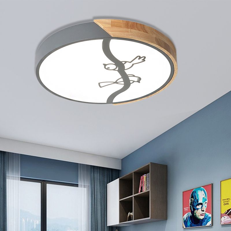 Wood Circle Flush Mount Ceiling Licht Nordische Stil LED Grau/Weiß Deckenlampe mit Acryl Schatten und Bird Pattern