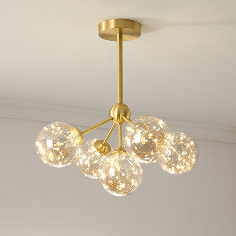 Simple LED Pendant Chandelier Brass Sphere Starry Hanging Lighting with Glass Shade
