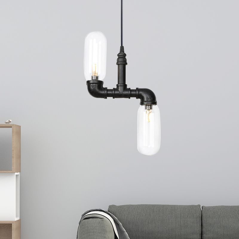 Clear Glass Capsule Shade Pendant Antiqued 2-Head Coffee Shop LED Ceiling Chandelier in Black with Pipe Design