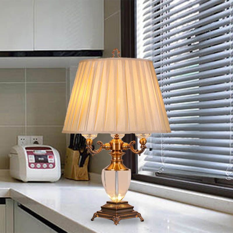 Pleated Shade Bedroom Table Light Rustic Fabric 3 Lights Beige Nightstand Lamp with Crystal Accent