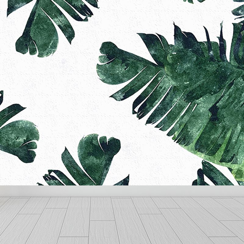 Light Color Diverse Leaves Mural Moisture Resistant Tropical Living Room Wall Covering