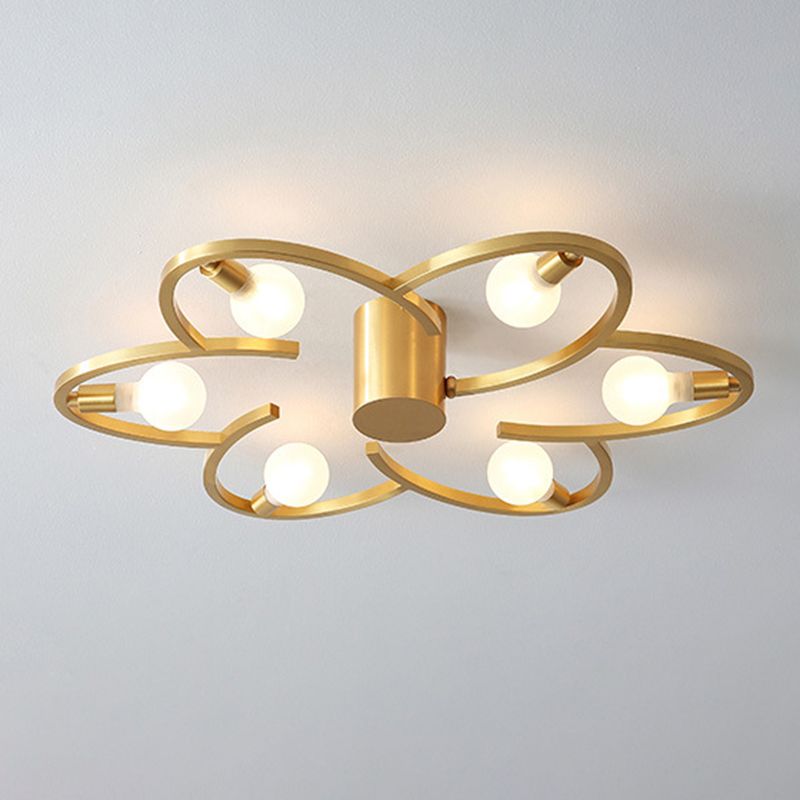Modern Flower Semi Flush Mount Metallic 5/6-Head Bedroom Close to Ceiling Lighting in Gold