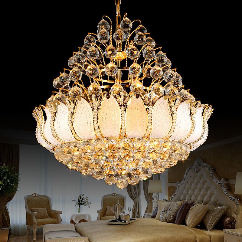 Gold Lotus Hanging Light Contemporary 9/11 Lights Faceted Crystal Ball Chandelier Light Fixture, 18.5"/23.5" Wide