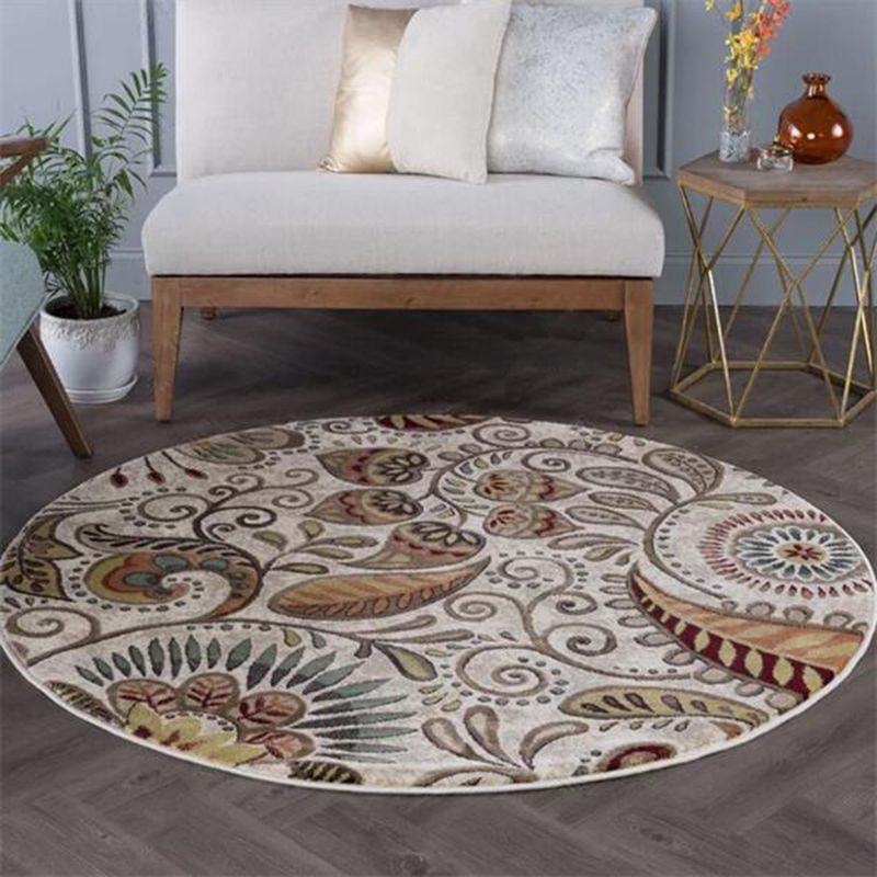 Round Multicolor Traditional Indoor Rug Polyester Floral Pattern Rug Non-Slip Backing Indoor Rug for Living Room