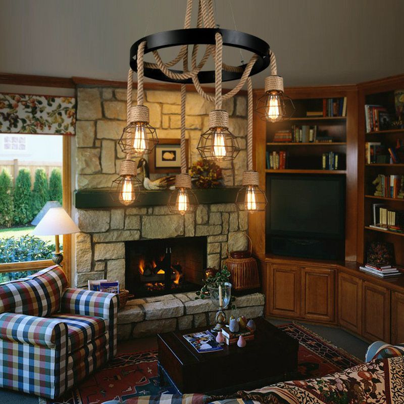 Caged Sitting Room Chandelier Rural Hemp Rope Brown 6 Lights Circular Suspension Pendant
