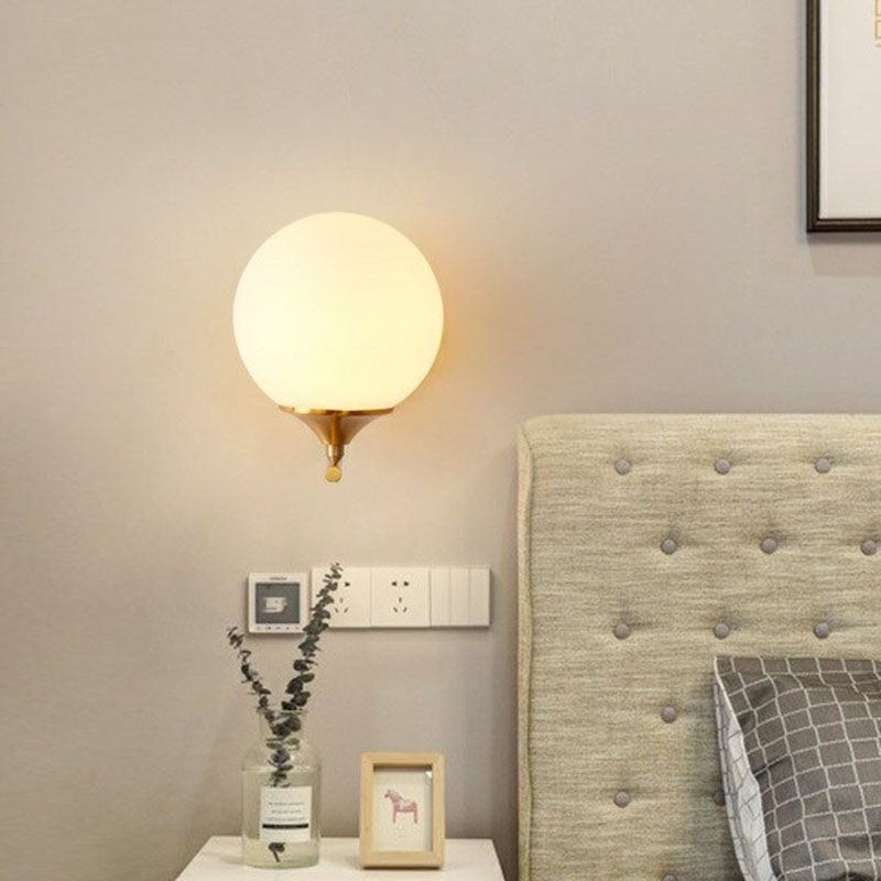 Sphere Bedside Wall Sconce Milk Glass 1-Light Minimalist Wall Mounted Light with Right Angle Arm in Gold