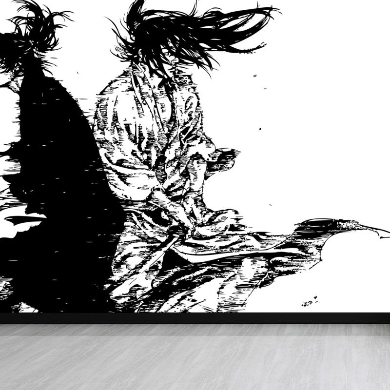 Japanese Martial Samurai Mural Wallpaper Black Stain Resistant Wall Covering for Boys Bedroom