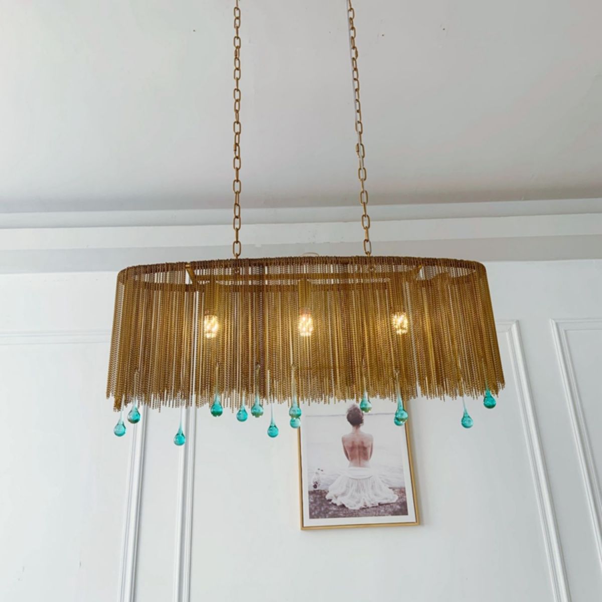Aluminum Tassel Chandelier Postmodern Brass Finish Hanging Lamp with Blue Crystal Drops