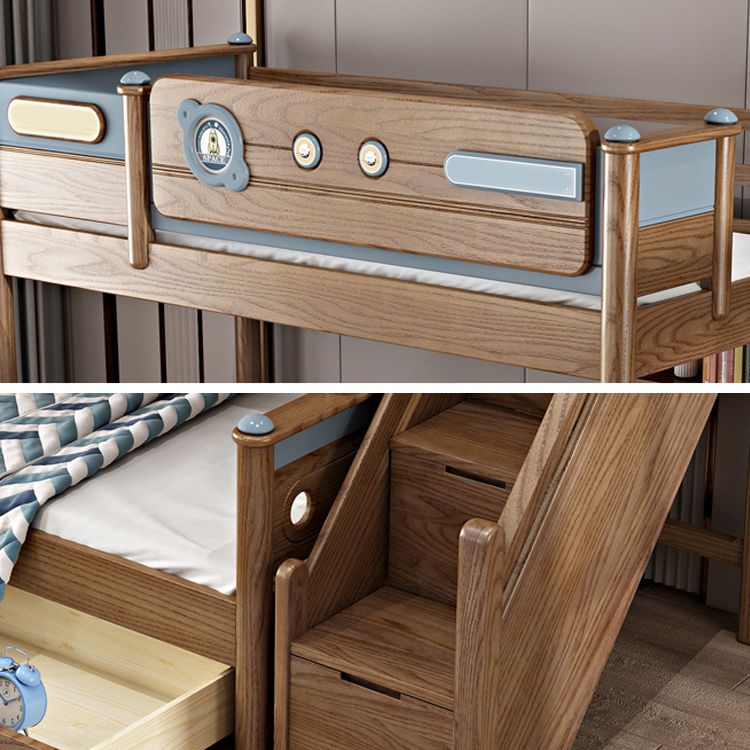 Brown Ash Standard Bunk Bed Solid Wood Scandinavian Bed with Guardrail