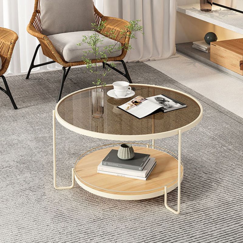 Glass Round Coffee Table 3 Legs Base Type Cocktail Table with Storage