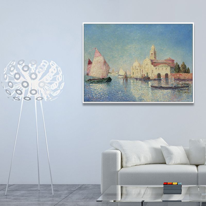 Oil Painting Venice Canal Canvas Wall Art for Sitting Room, Blue and Pink, Textured