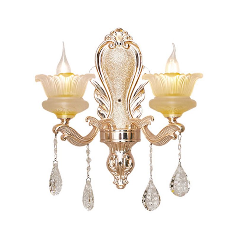 Ribbed Glass Flower Shade Sconce Lamp Mid Century 2 Lights Indoor Wall Mounted Lighting in Gold