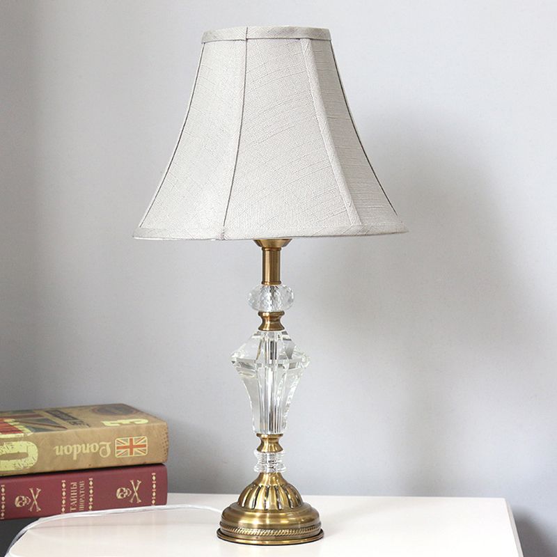 1 Light Paneled Bell Night Table Lamp White Fabric Nightstand Light with Crystal Accent