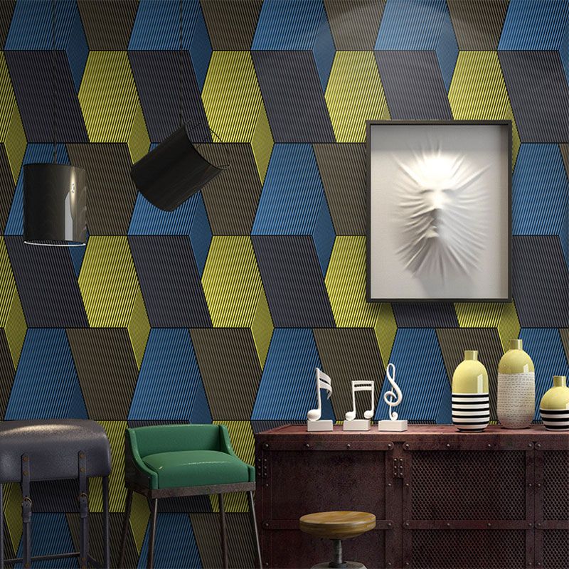 Contemporary Wallpaper in Yellow and Blue 3D Effect Cube Wall Covering, 57.1 sq ft.