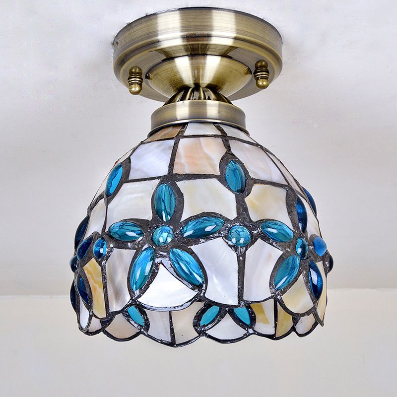 Dôme en laiton près du plafonnier Tiffany 5"/8"/12" de large, éclairage encastré à 1 tête avec bijoux floraux bleus