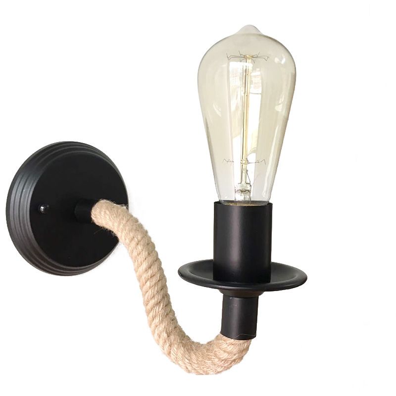 Black Exposed Bulb Wall Lighting Country Metal Single Aisle Sconce with Rope Wrapped Arm