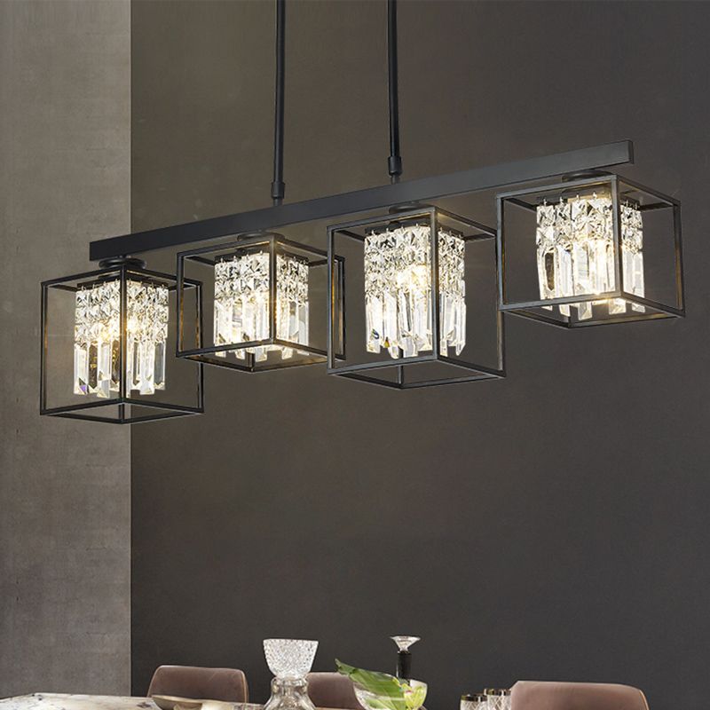 Tri-Sided Crystal Rod Black Hanging Ceiling Light Square 3/4 Heads Contemporary Island Lamp