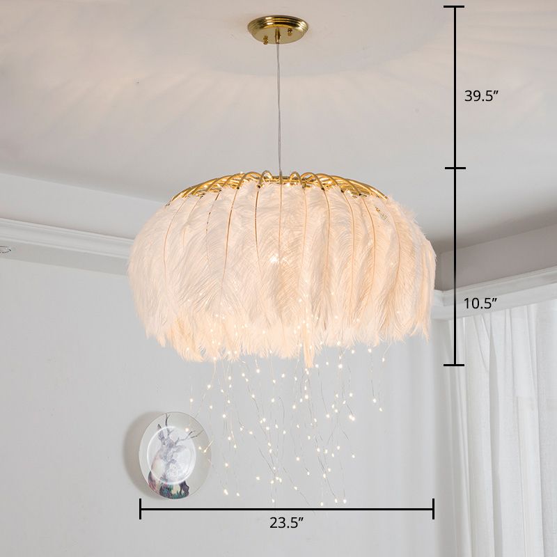 Round Chandelier Nordic Feather Bedroom Ceiling Pendant Light with Firefly LED String