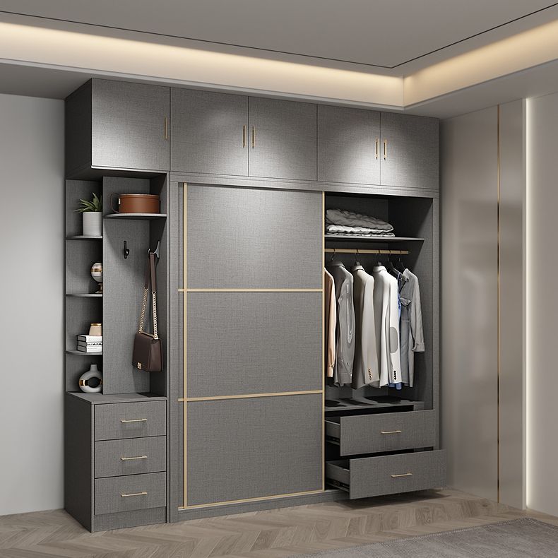 Contemporary Style Gray Colour Wardrobe Wooden Cloth Rod Included Wardrobe Closet