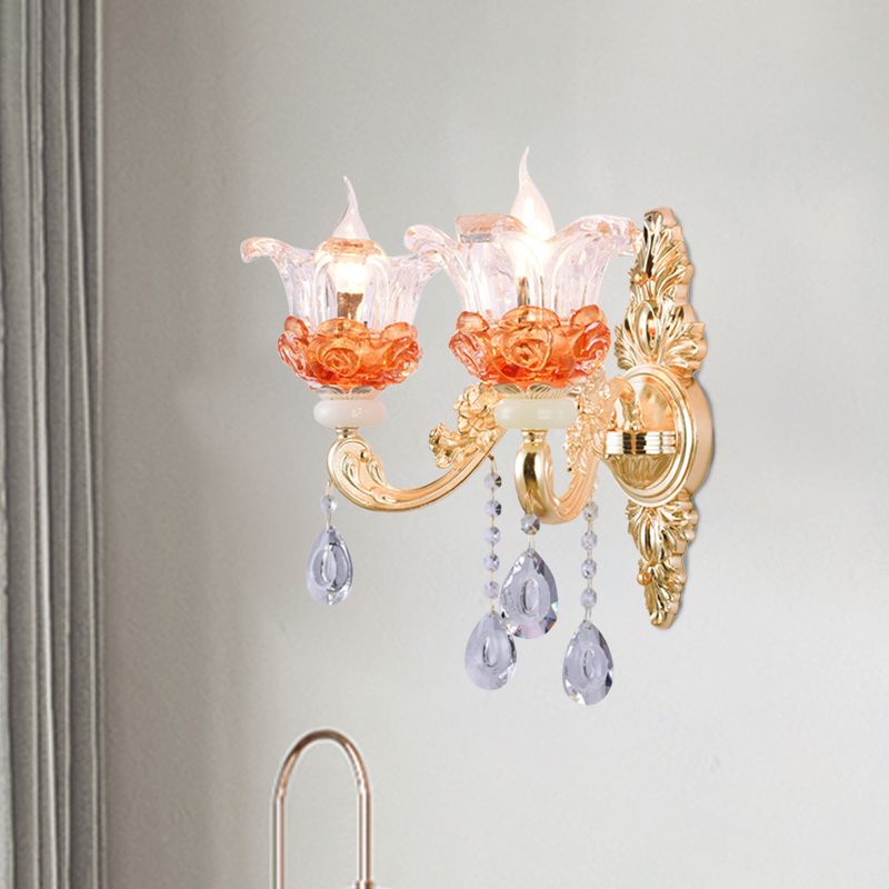 Classic Candlestick Sconce Lamp 2 Lights Crystal Wall Light with Carved Arm and Backplate in Pink/Yellow/Orange