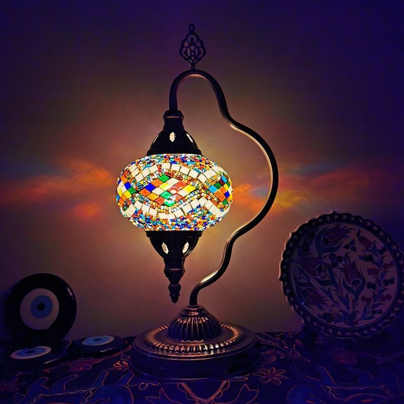 Stained Art Glass Globe Table Lamp Art Deco 1 Head Restaurant Night Light with Curvy Arm in White/Red/Yellow