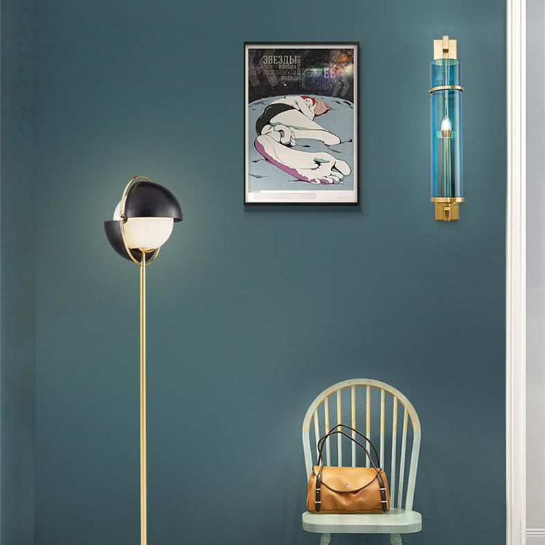 Minimalism Wall Sconce Lighting Blue Cylindrical Sconce Light Fixture with Glass Shade