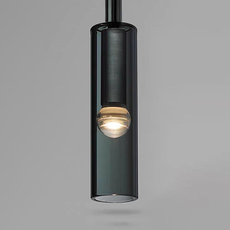 Luce a sospensione grigio in cristallo in moderna lampada a sospensione cilindrica di rame per sala da pranzo