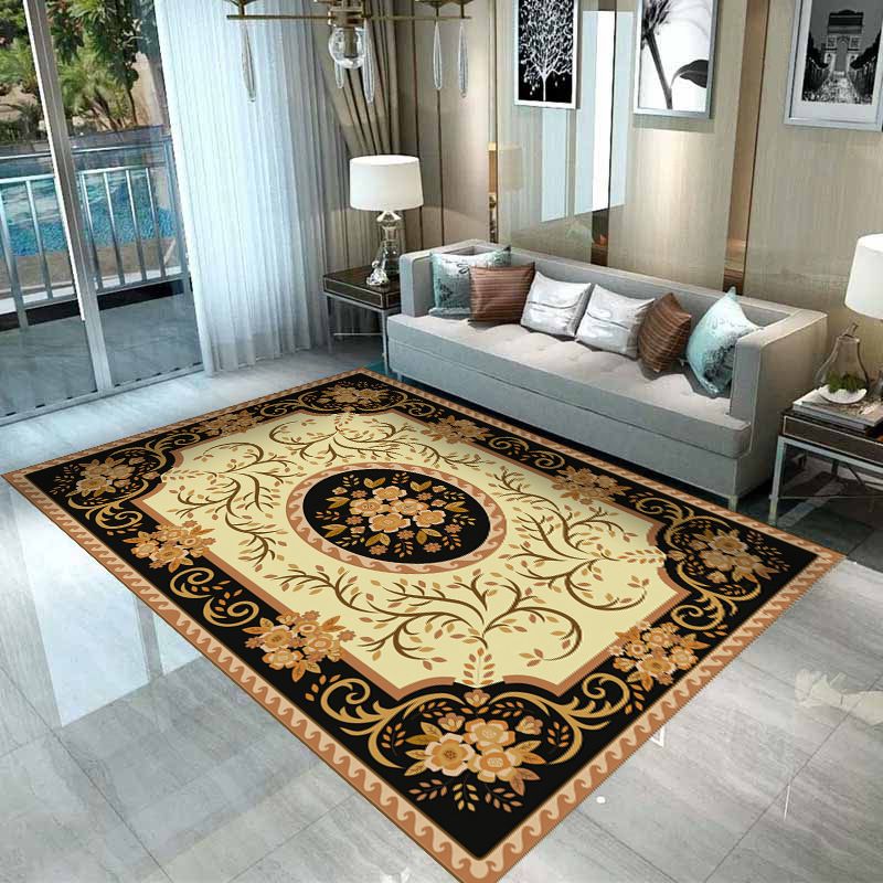 Brown Living Room Area Carpet Traditonal Pattern Polyester Area Rug Non-Slip Backing Rug
