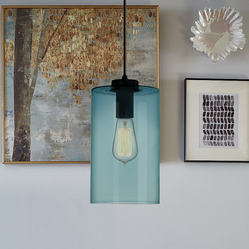 Contemporary 1 Light Pendant Lamp with Blue Glass Shade Black Global/Dome/Barrel Shape Ceiling Pendant Light