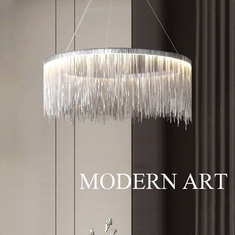 Silver Round Pendant Pildal Metal Chain Shade Chandelier Light pour salle à manger