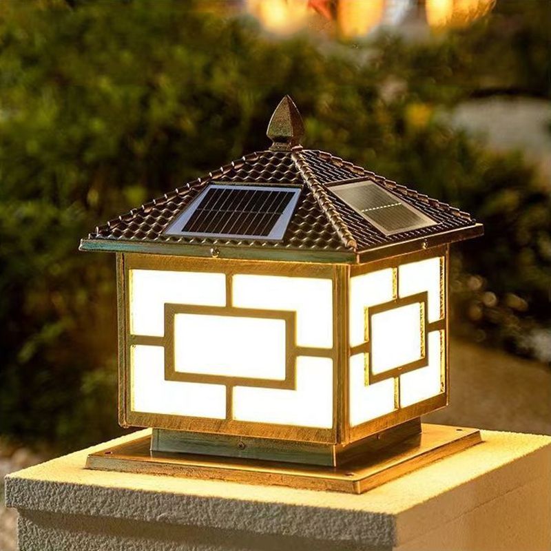 Metal Rectangle Shape Solar Pillar Lamp Modern 1 Light Waterproof Outdoor Light